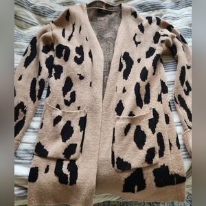 Leopard Print Tan and Black Women's Open Sweater